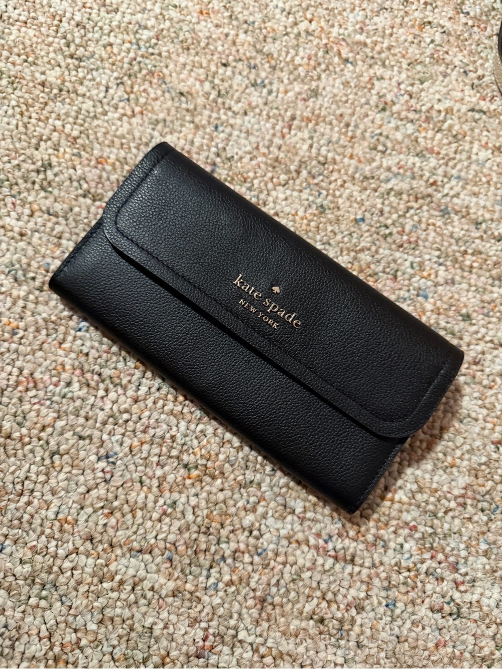 kate spade Black Leather Fold-Over Continental Wallet with Gold Logo